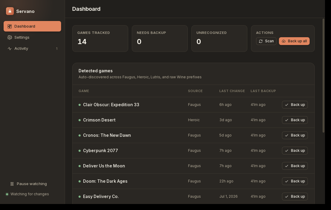 Servano dashboard showing detected games and backup status
